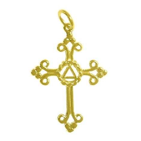 14K Gold Pendant, Alcoholics Anonymous Symbol Set In A Open Cross