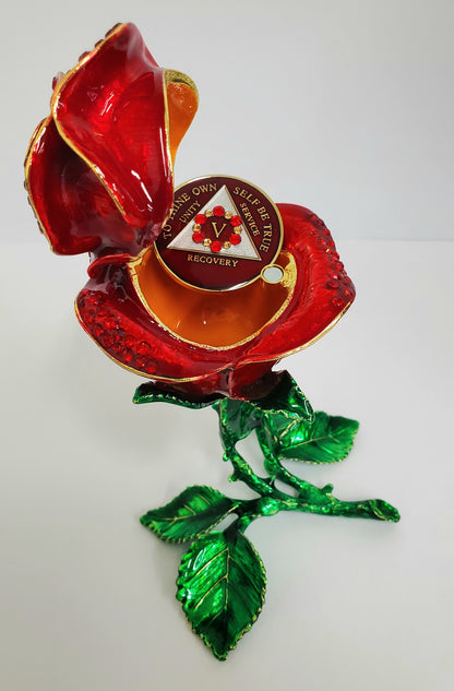 Red Rose Collector Bling Box/Sobriety Chip Holder (with "Bloom" Chip)