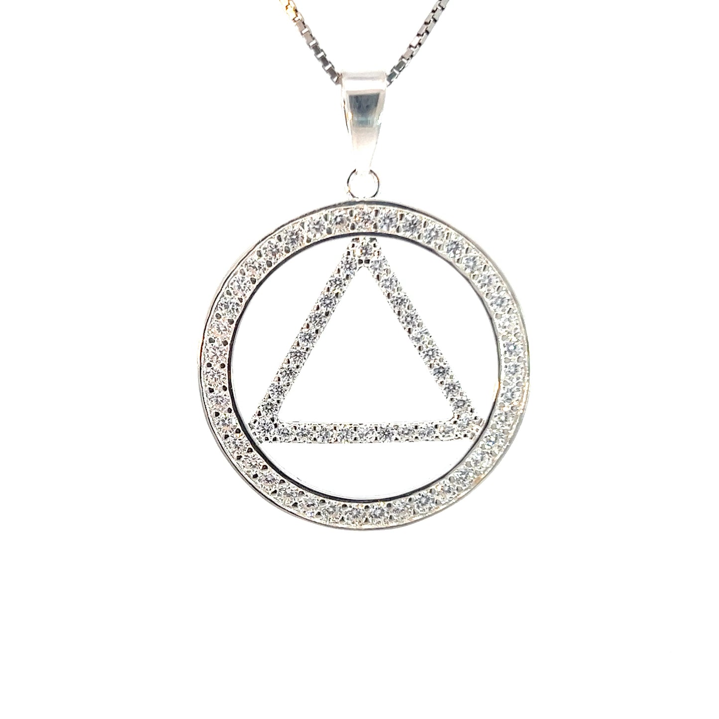 Sterling Silver Alcoholics Anonymous Pendant with CZ Circle Triangle – Large AA Symbol