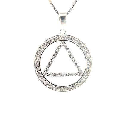 Sterling Silver Alcoholics Anonymous Pendant with CZ Circle Triangle – Large AA Symbol