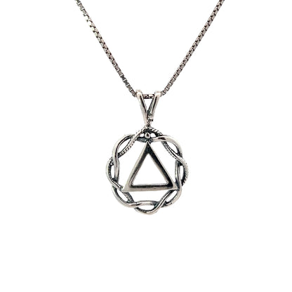 Sterling Silver Alcoholics Anonymous (AA) Symbol Pendant in Basket Weave Circle – Medium Size