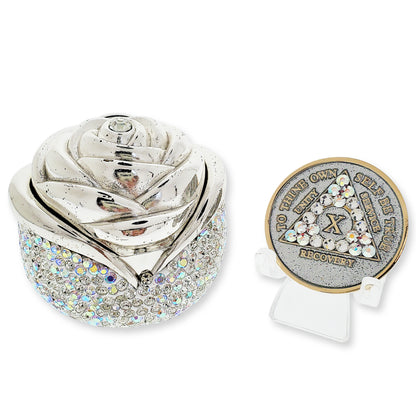 Rose Box Chip Holder with matching Medallion (Diamond Like Aurora Borealis)