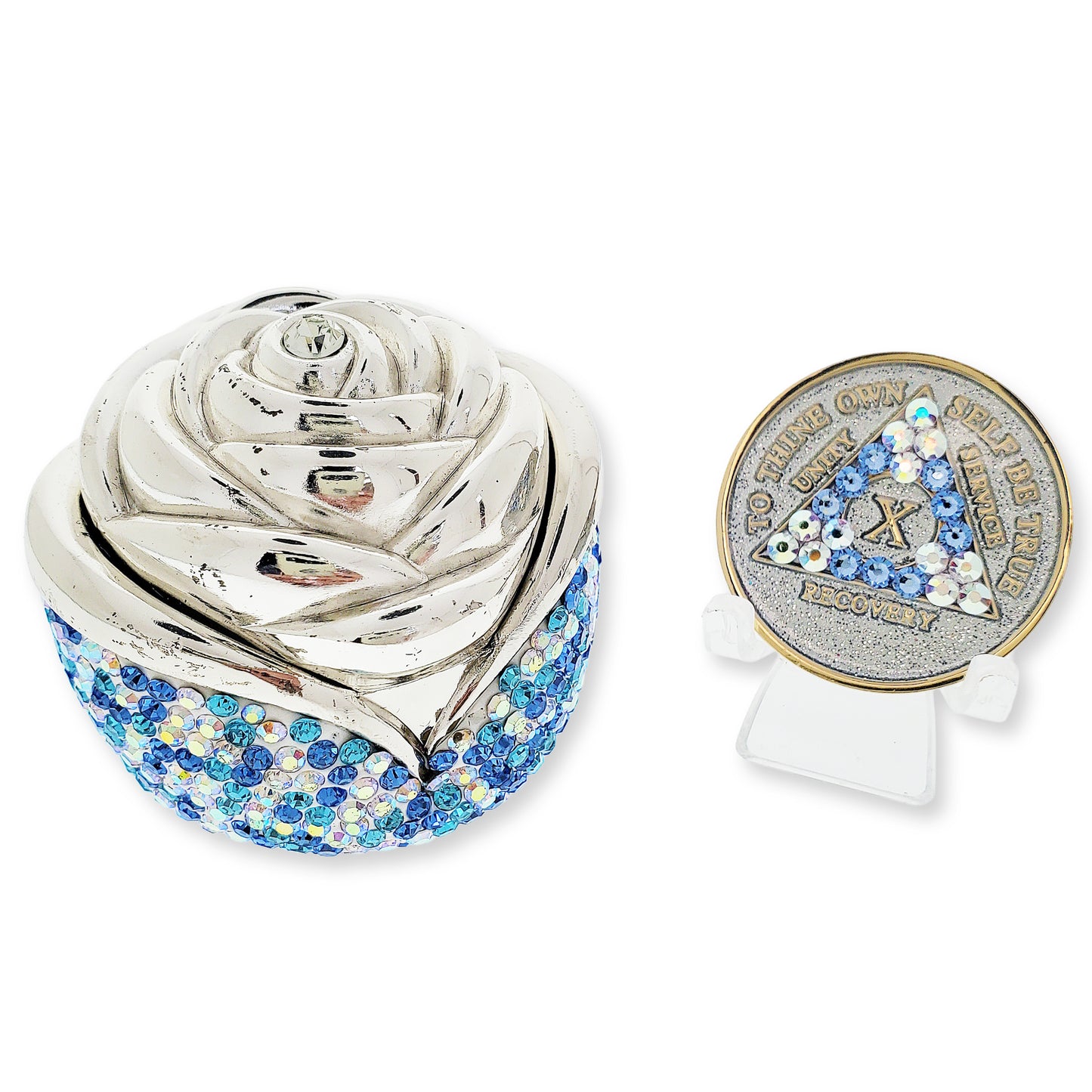 Rose Box Chip Holder with matching Medallion (Blue and Clear Aurora Borealis)