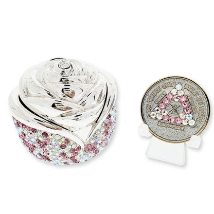 Rose Box Chip Holder with matching Medallion (Pink and Clear Aurora Borealis)