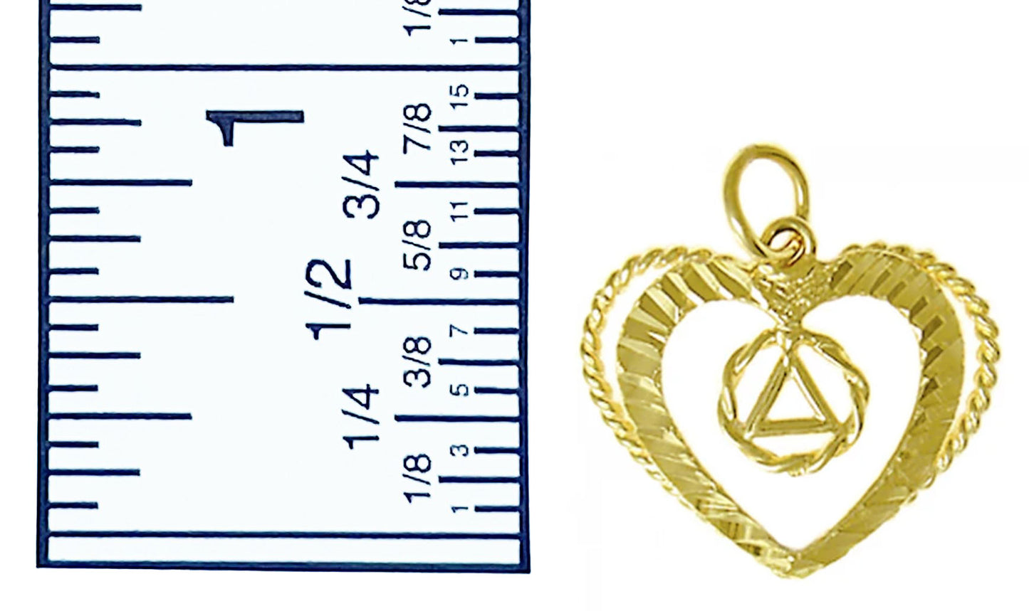 14K Gold Pendant, Alcoholics Anonymous Symbol In A Small Twist Wire Circle In A Open Heart