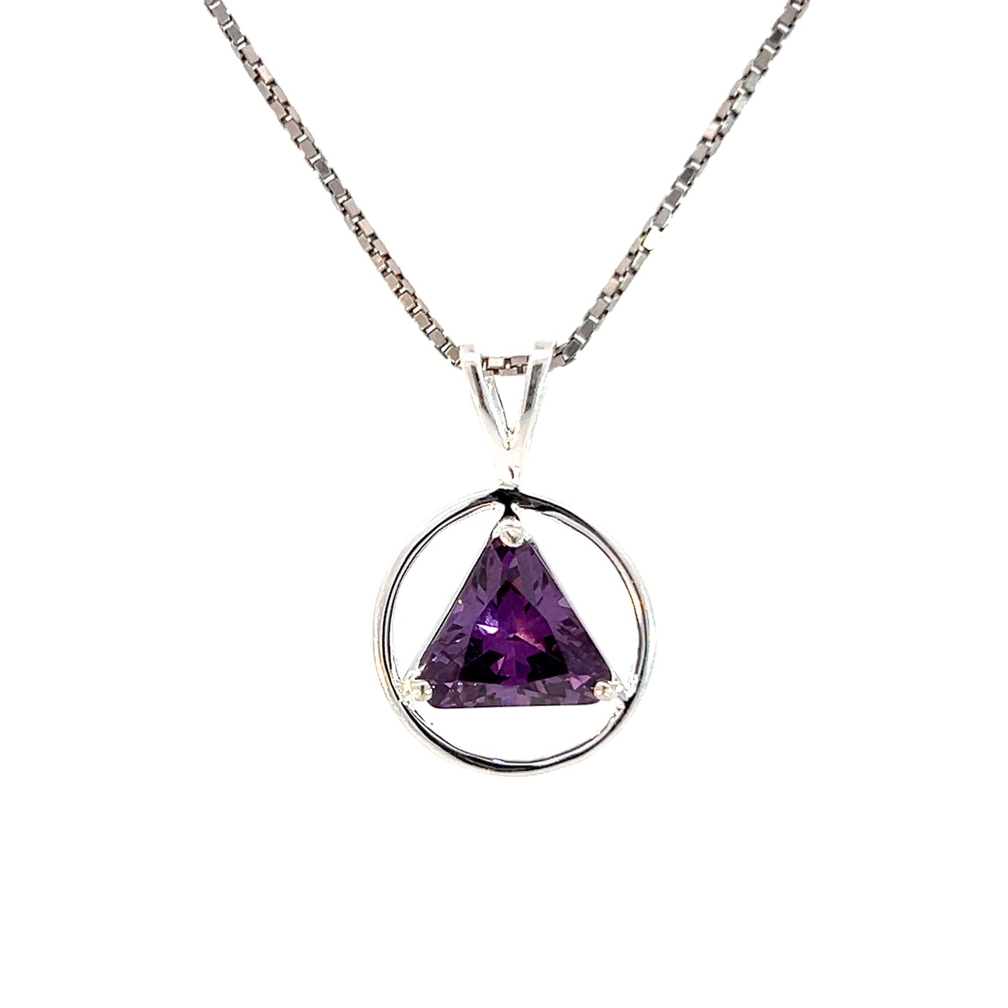 Sterling Silver Alcoholics Anonymous Pendant with Amethyst Cubic Zirconia Triangle – Wire Circle Design