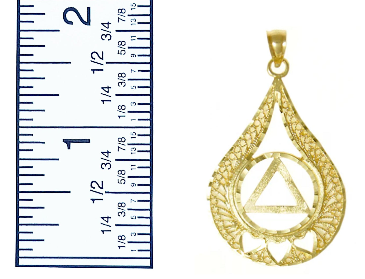14K Gold Pendant, Alcoholics Anonymous Circle Triangle W/3 Hearts Set In A Filigree Style Tear Drop