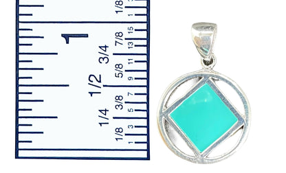 Sterling Silver Pendant, Narcotics Anonymous Symbol Square With Turquoise In Color Enamel Inlay, Medium Size