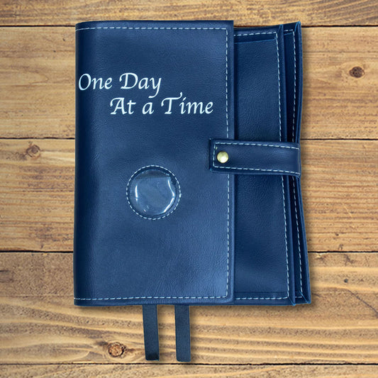 One Day At A Time Navy Blue Book Cover With Sobriety Chip Holder