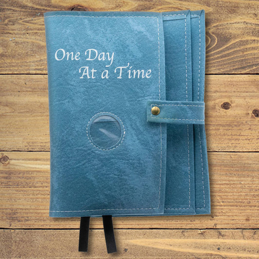 One Day At A Time Sky Blue Book Cover With Sobriety Chip Holder