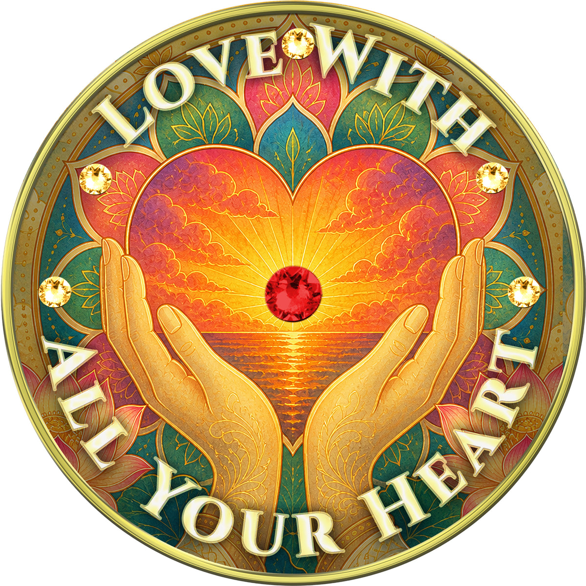 Heart & Hands - "Love With All Your Heart, Choose Kindness" Medallion with Red and Gold Crystals