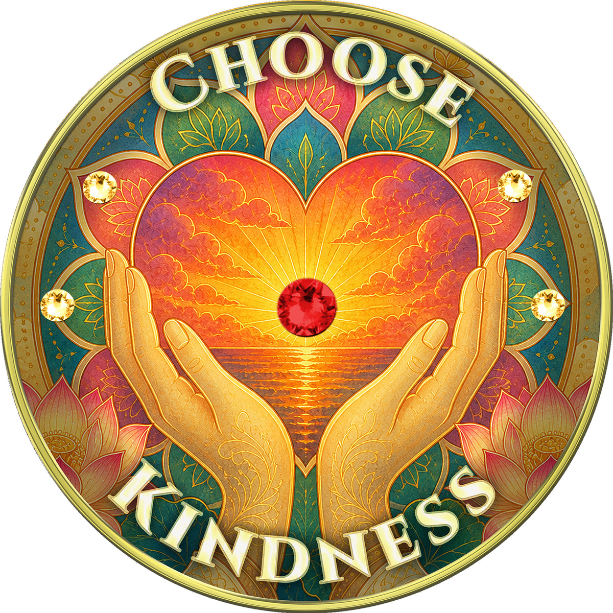 Heart & Hands - "Love With All Your Heart, Choose Kindness" Medallion with Red and Gold Crystals