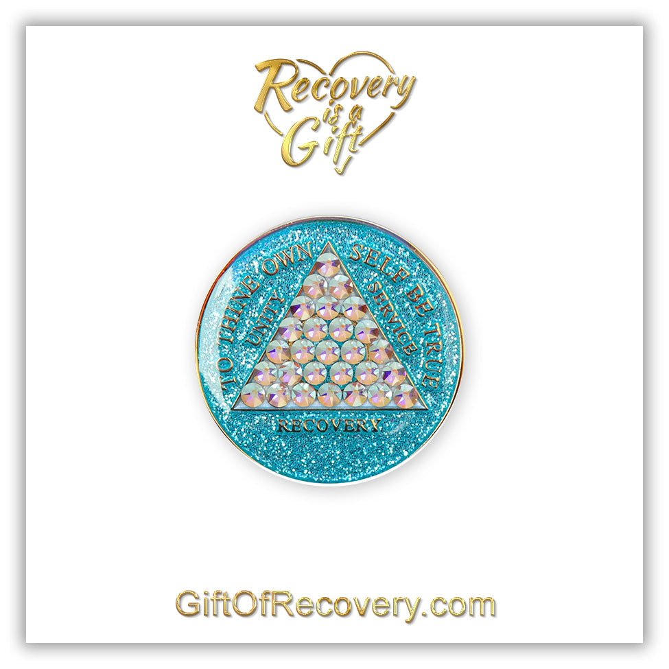 AA Recovery Medallion - Timeless Crystalized Bling on Aqua Glitter