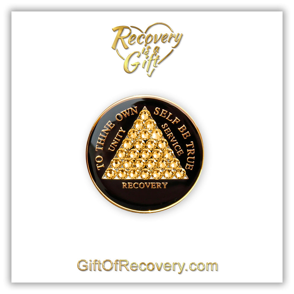 AA Recovery Medallion - Black with Gold Timeless Crystalized Bling