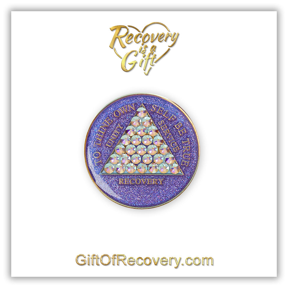 AA Recovery Medallion - Timeless Bling Crystalized on Purple Glitter