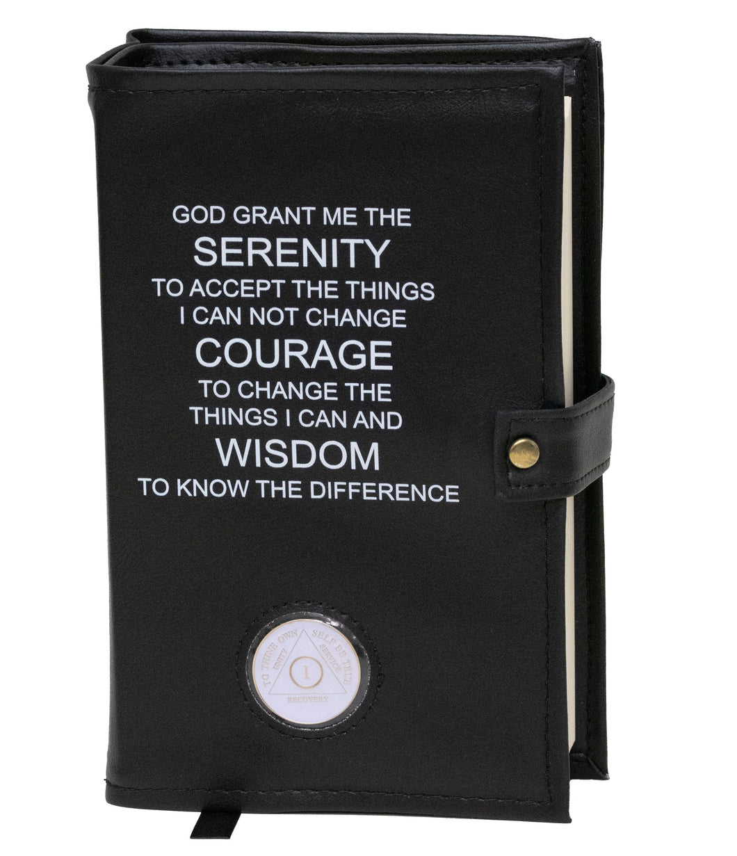 AA Black Double Book Cover With The Serenity Prayer, With Sobriety Chip Holder
