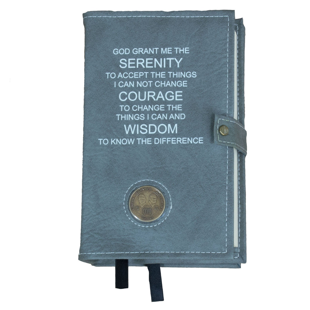 AA Grey Double Book Cover With The Serenity Prayer, With Sobriety Chip Holder
