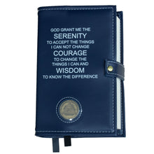 Load image into Gallery viewer, AA Navy Blue Double Book Cover With The Serenity Prayer, With Sobriety Chip Holder
