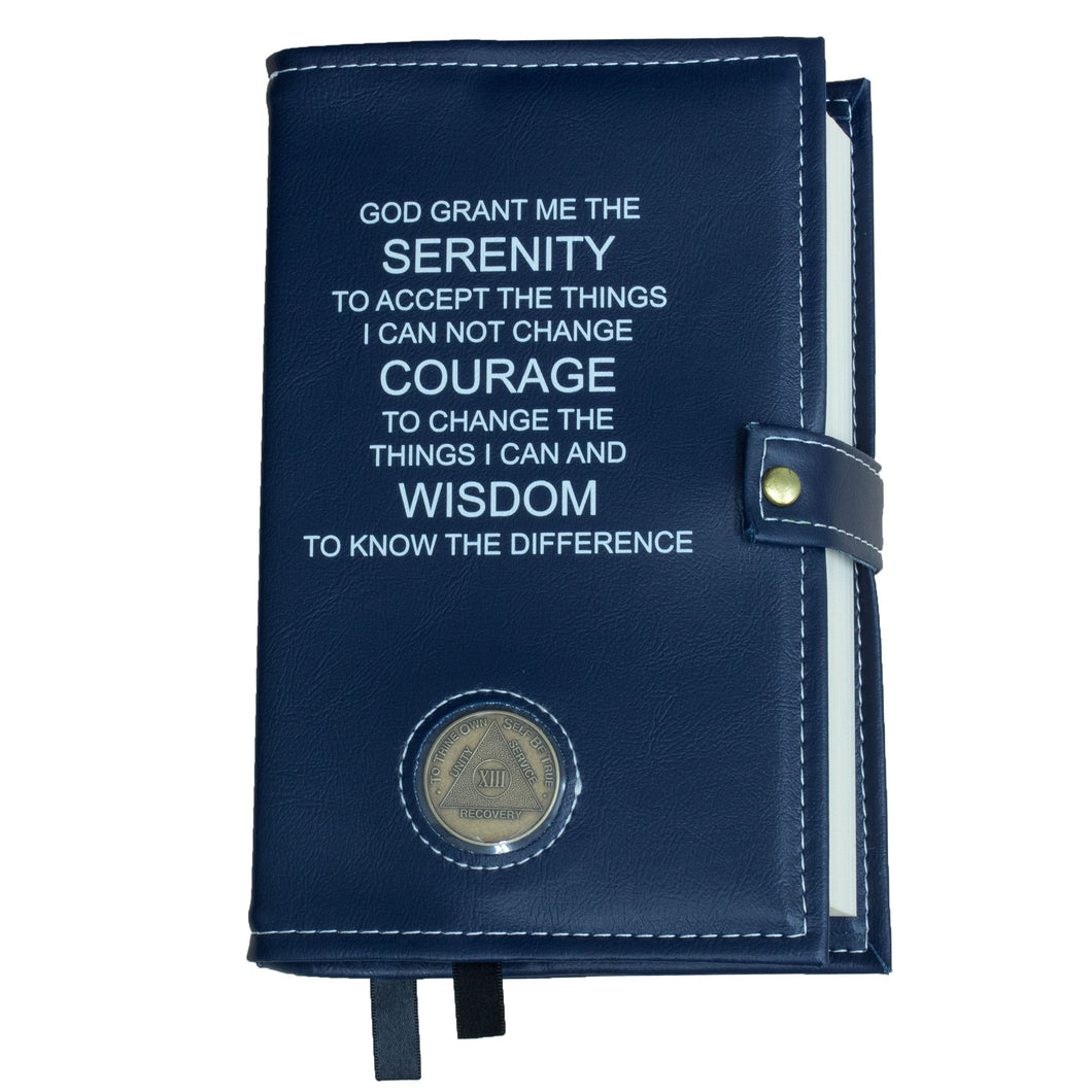 AA Navy Blue Double Book Cover With The Serenity Prayer, With Sobriety Chip Holder