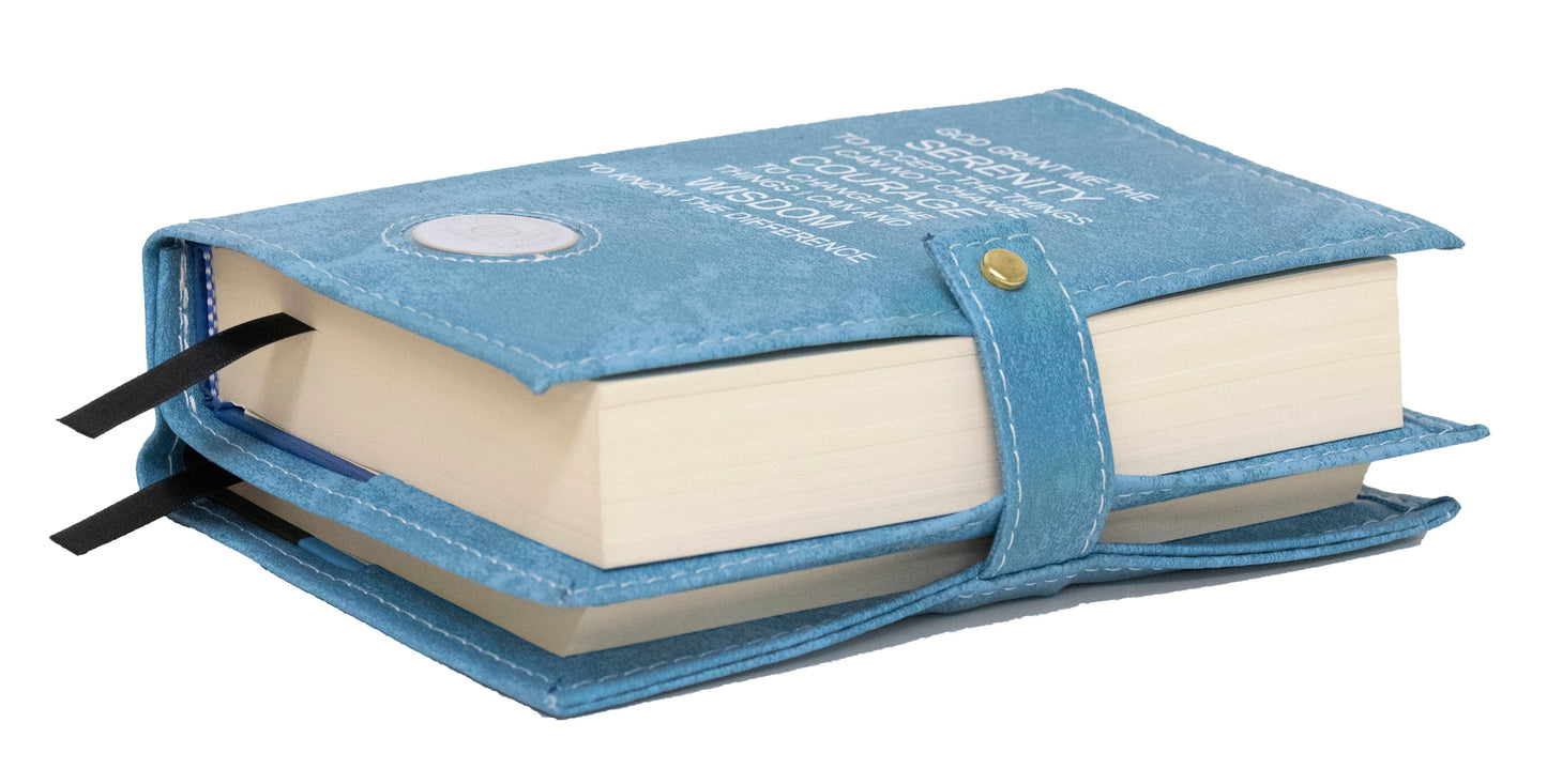 AA Sky Blue Double Book Cover With The Serenity Prayer, With Sobriety Chip Holder