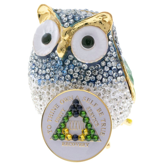 Blue Owl Bling Box/Sobriety Chip Holder (with Chip)