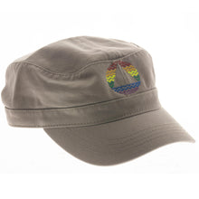 Load image into Gallery viewer, Circle Triangle Embroidered Hat Tan with Rainbow
