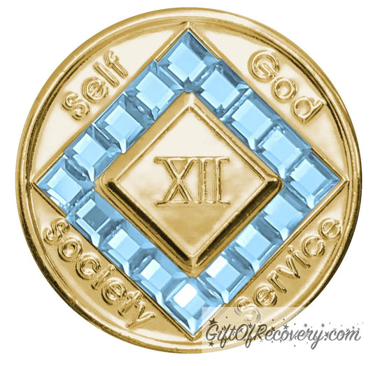 Clean Time Chip Narcotics Anonymous Gold with Diamond Shaped Crystal (Aquamarine)