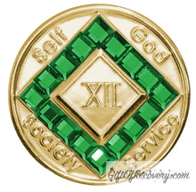 Load image into Gallery viewer, Clean Time Chip Narcotics Anonymous Gold with Diamond Shaped Crystal (Emerald)
