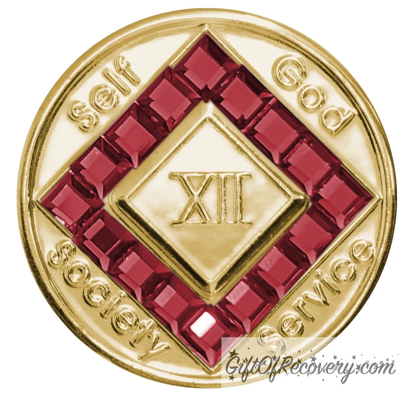 Clean Time Chip Narcotics Anonymous Gold with Diamond Shaped Crystal (Scarlet Red)