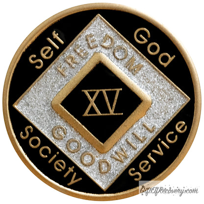 Clean Time Chip Official Narcotics Anonymous Tri-Plate Black, Silver & Gold Recovery Medallion