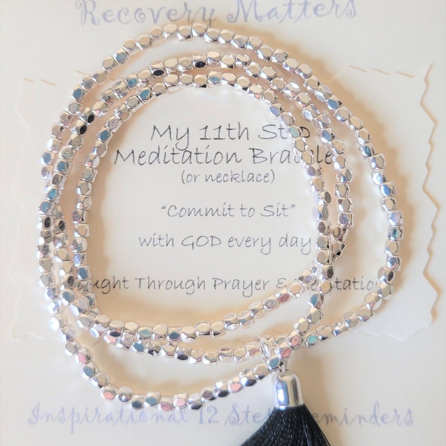 Meditation Bracelet (or Necklace) By Recovery Matters Rhodium (Silver) / Black