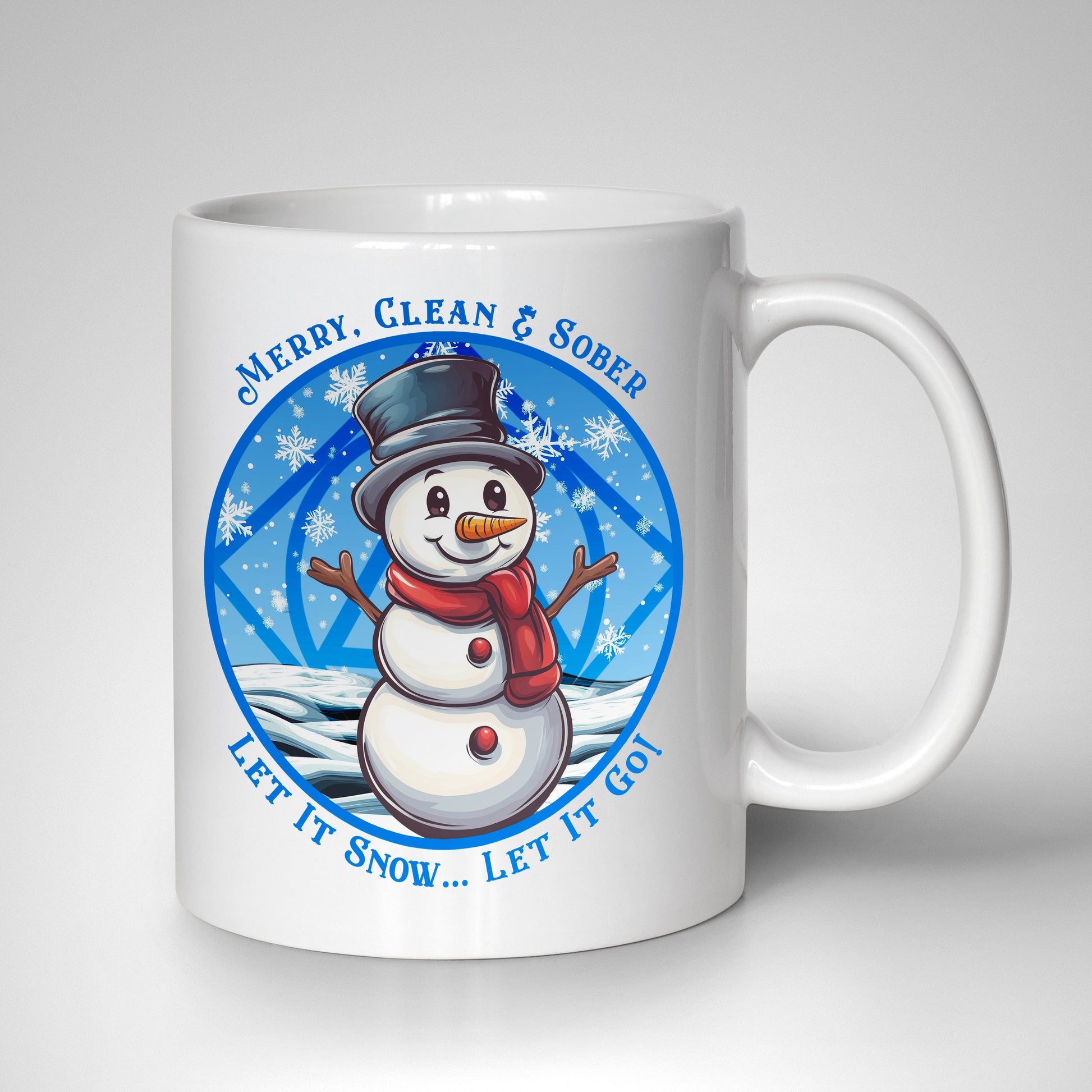 Cheerful snowman with red scarf, black top hat, carrot nose, and stick arms, surrounded by snow, featuring the dual NA & AA clean and sober symbol on a white 15oz mug.