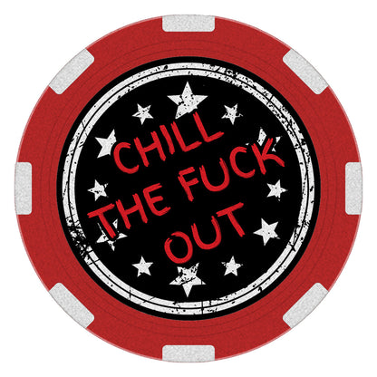 Edgy "Clean As Fuck" recovery poker chip, 1.5 inches round, featuring "Clean As Fuck" on the front and "Chill the Fuck Out" on the back, designed to celebrate and showcase freedom from addiction unapologetically.