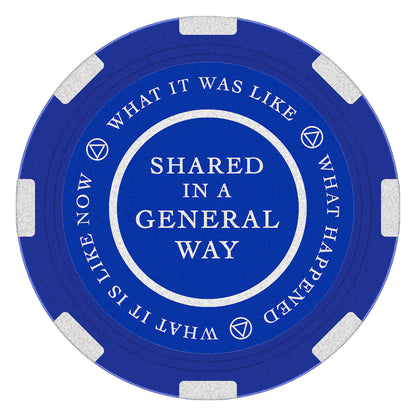 Big Book blue recovery poker chip medallion, 1.5 inches round, symbolizing gratitude for AA speakers who share their experience, strength, and hope.