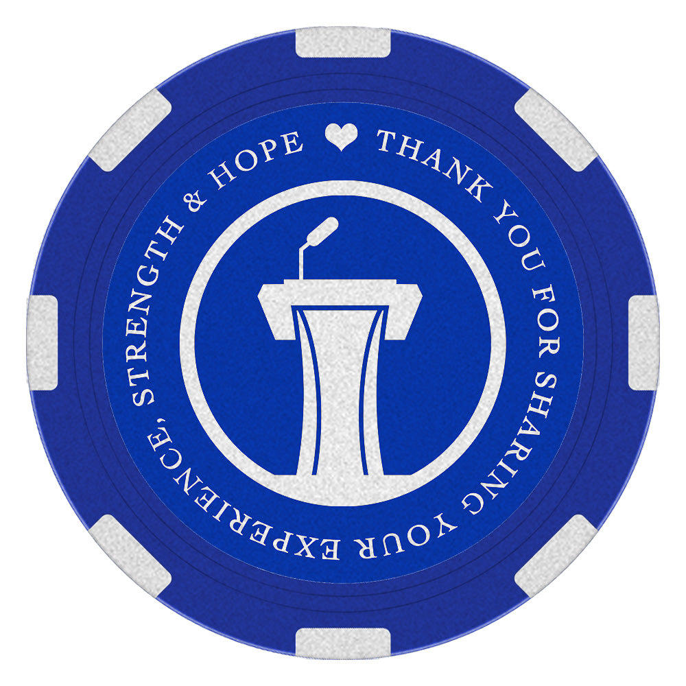 Big Book blue recovery poker chip medallion, 1.5 inches round, symbolizing gratitude for AA speakers who share their experience, strength, and hope.