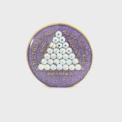 AA Recovery Medallion - Timeless Bling Crystalized on Purple Glitter