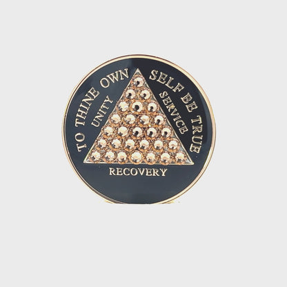 AA Recovery Medallion - Black with Gold Timeless Crystalized Bling