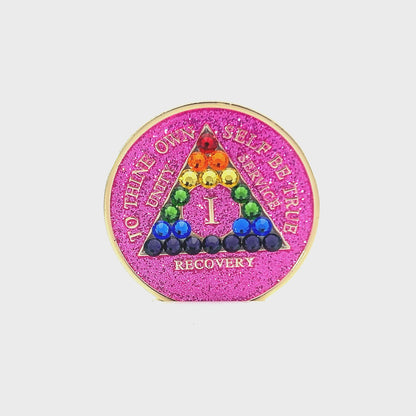 AA Recovery Medallion - Rainbow Bling Crystallized on Glitter Pink