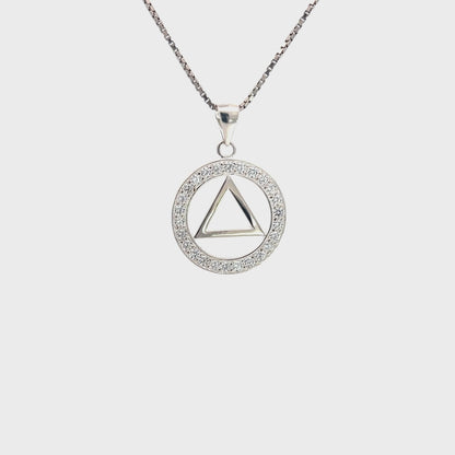 Alcoholics Anonymous (AA) Symbol Pendant in Circle of Crystals – Sterling Silver, Medium Size