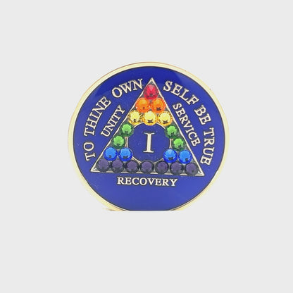 AA Recovery Medallion - Rainbow Bling Crystallized on Blue