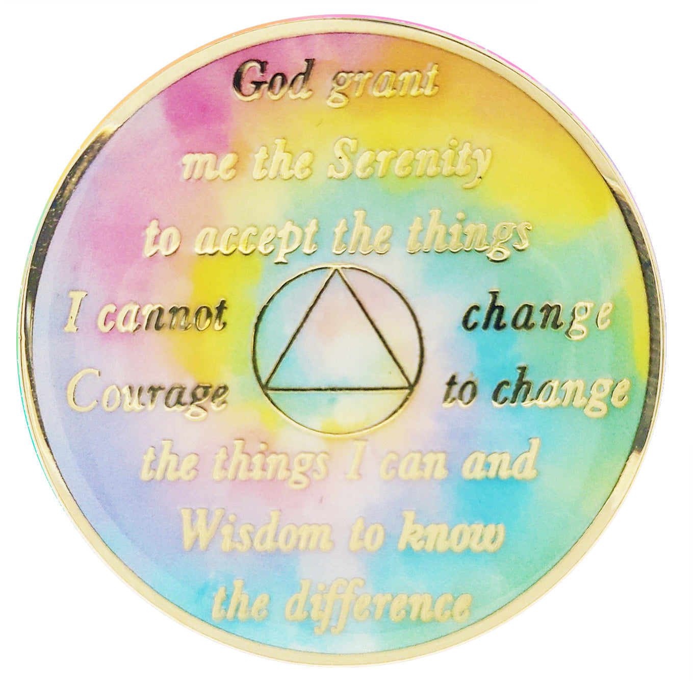 Back of AA psychic-delic change medallion, recovery medallion is tie-dye and has the raised serenity prayer, outer rim, and the circle triangle in the center in 14k gold.