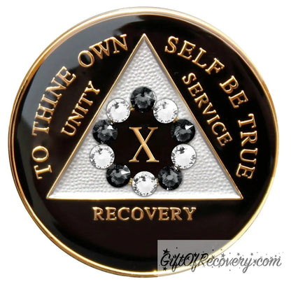 10 year black onyx 10th step AA medallion, with 10 genuine crystals, emphasizing action and reflection, triangle and lettering embossed in 14k gold.