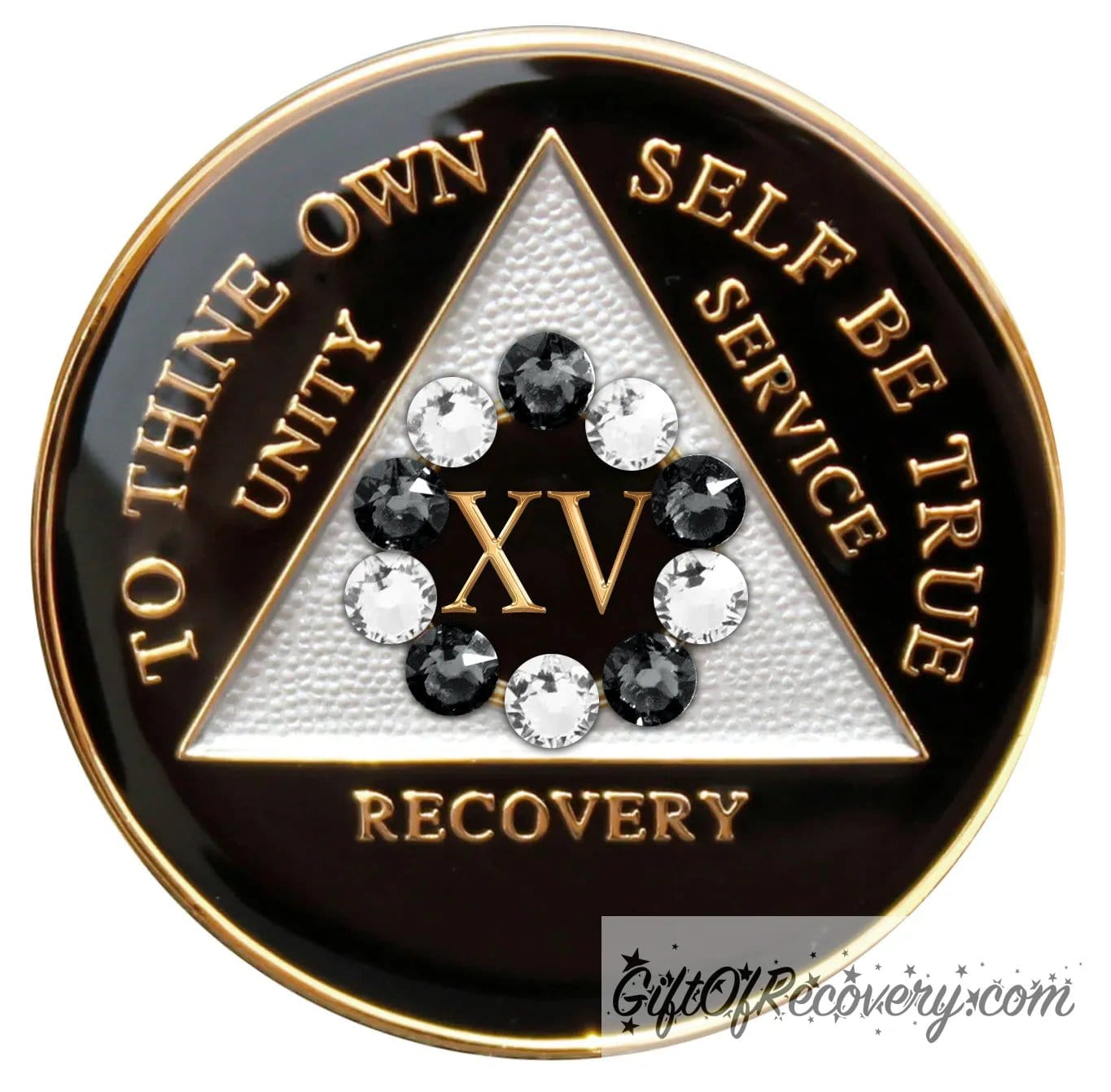 15 year black onyx 10th step AA medallion, with 10 genuine crystals, emphasizing action and reflection, triangle and lettering embossed in 14k gold.