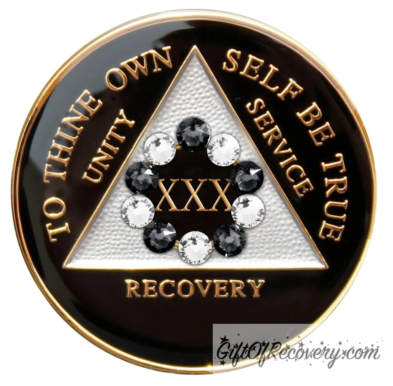 30 year black onyx 10th step AA medallion, with 10 genuine crystals, emphasizing action and reflection, triangle and lettering embossed in 14k gold.