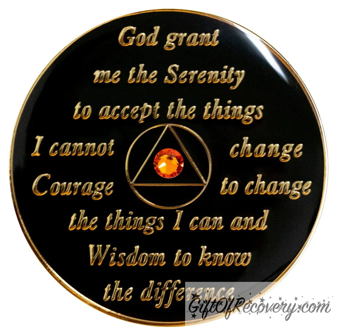 Back of 10th step AA medallion in all black onyx, with serenity prayer and symbol in 14k gold, with one orange genuine crystal in the center of the triangle.