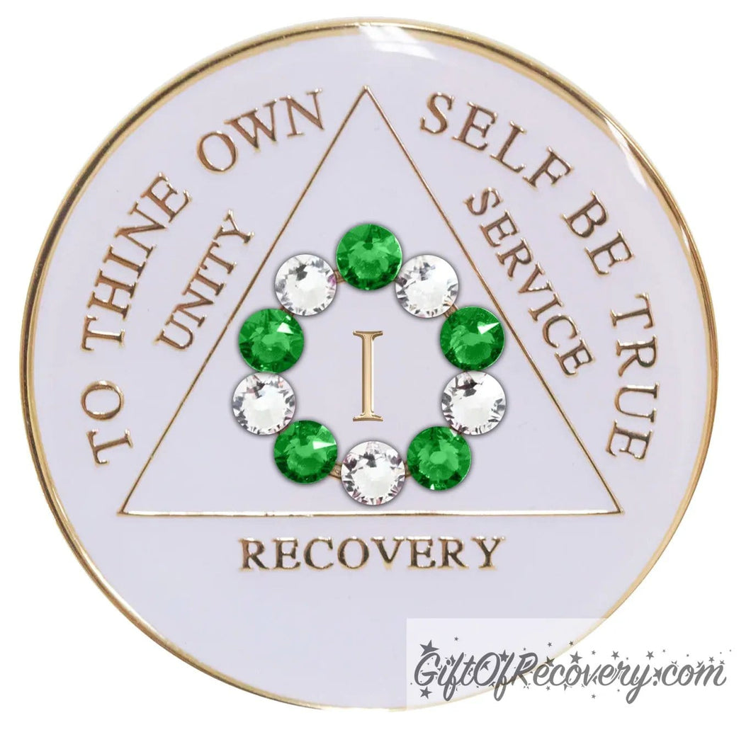 Sobriety Chip AA 10th Step Fern Green Crystallized Bling White Triplate 1 Year