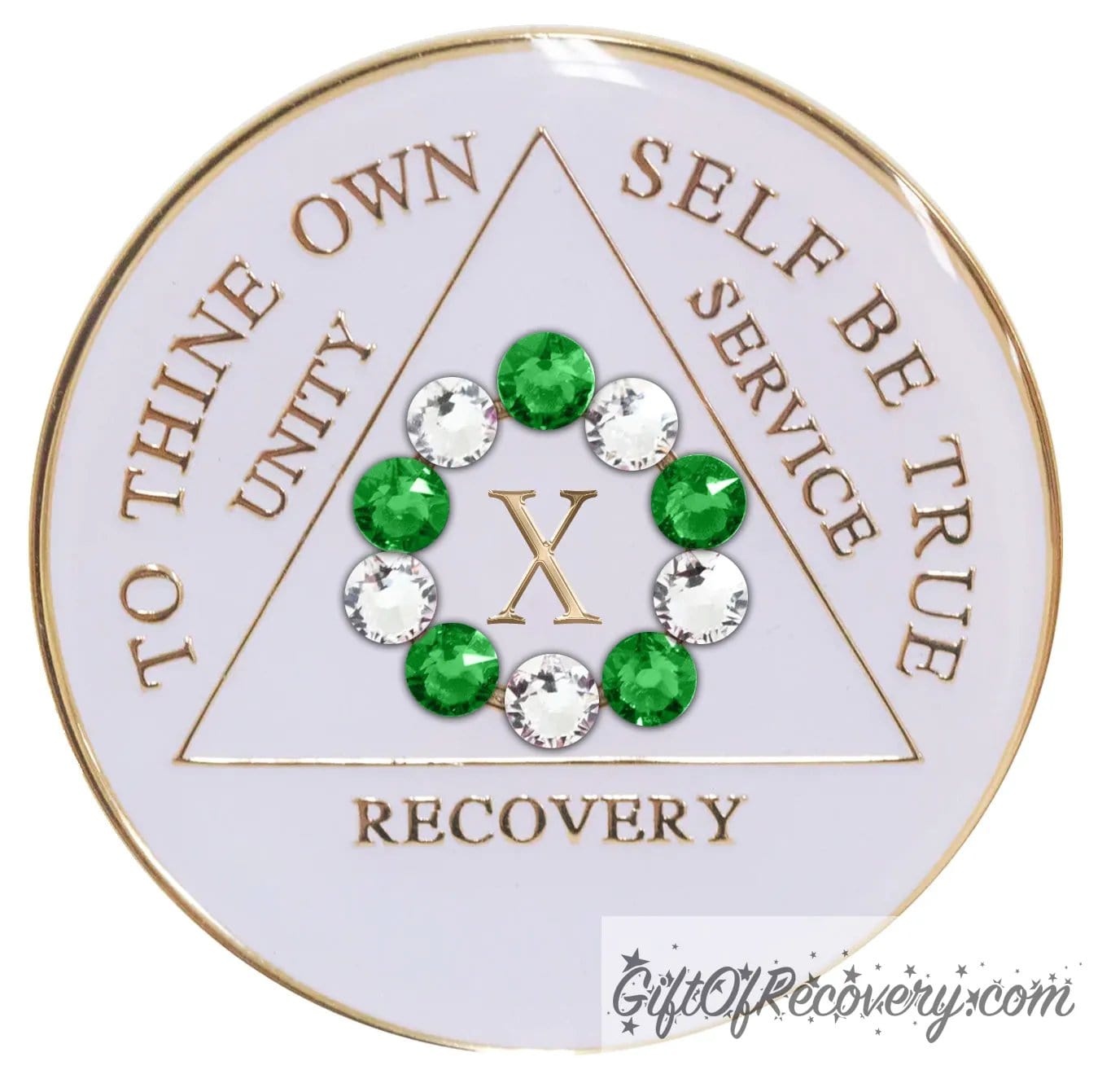 Sobriety Chip AA 10th Step Fern Green Crystallized Bling White Triplate 10 Years