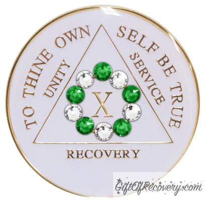 Sobriety Chip AA 10th Step Fern Green Crystallized Bling White Triplate 10 Years