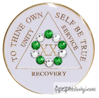 Sobriety Chip AA 10th Step Fern Green Crystallized Bling White Triplate 20 Years