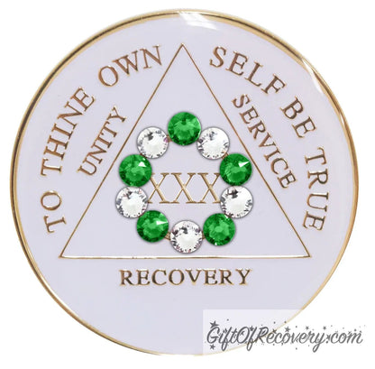 Sobriety Chip AA 10th Step Fern Green Crystallized Bling White Triplate 30 Years